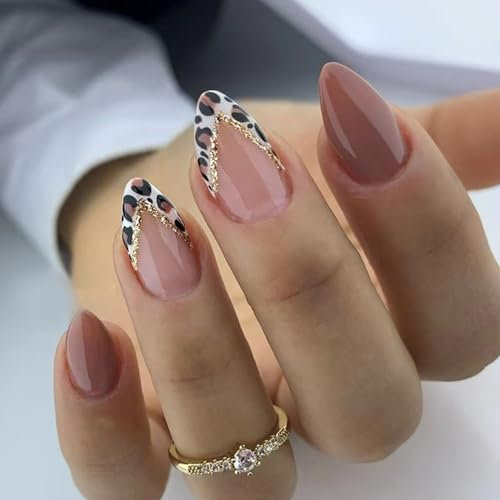 Ceboic 24 Pcs False Nails Short French Tip Press on Nails Almond Brown Leopard Print Fake Nails Glossy Acrylic Full Cover Glue on Nail Cute Stick on Nail for Women Girls Manicure Decoration