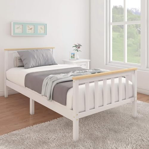 Panana Wooden Bed Frame 90 x 190 cm - Single 3FT for Adults, Kids, Teenagers (White and Natural)