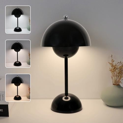 EXTRASTAR Flowerpot LED Tischlampe, Dimmbare Touch-Pilz Lampe, Kabellos mit 3 Farbtemperatur, USB-Aufladbare, Tischlampe für Schlafzimmer, Wohnzimmer, Schwarz
