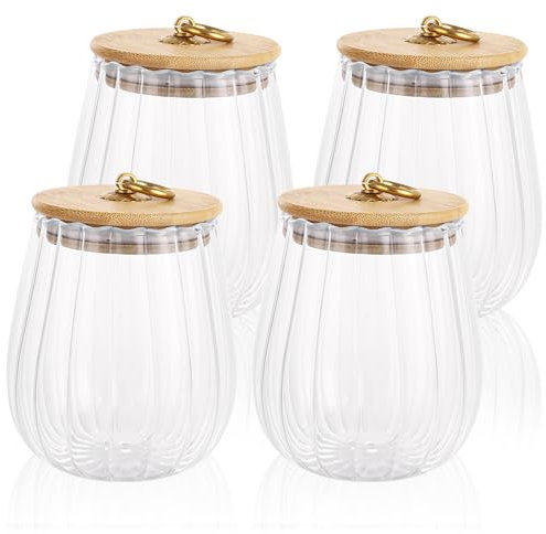 LOPYXBR 4 Pcs Glass Storage Jars with Lids Airtight, 750 ml/26 oz Glass Containers with Bamboo Lids and Metal Handle, Petal Glasses Tea Coffee Sugar Canisters for Pasta Nuts Beans Candy Cookie