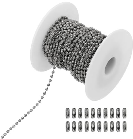 PATIKIL 10m/32.8ft Beaded Ball Chain, 2mm Stainless Steel Pull Chain Extension with 20 Pcs Connectors for Tag Chain, Keychain Rings, DIY Crafts, Dark Silver