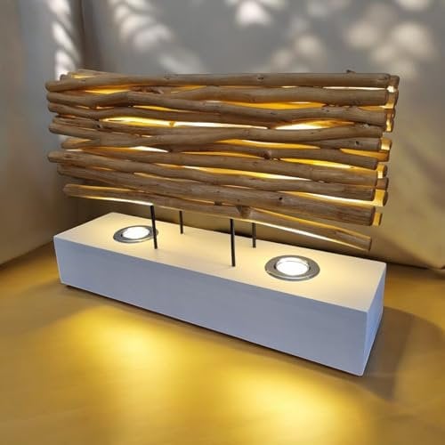 Kinaree Treibholz Tischleuchte - 60cm Tischlampe mit 2 LED Spots aus Treibholz (THONPHEUNG WEIß)