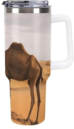 JTKBNVM Desert Sand Camel Autobecher, Reise-Kaffeetasse mit Griff und Strohhalm-Deckel, großer isolierter Becher, Edelstahl-Wasserflasche, große Kapazität, Autobecher