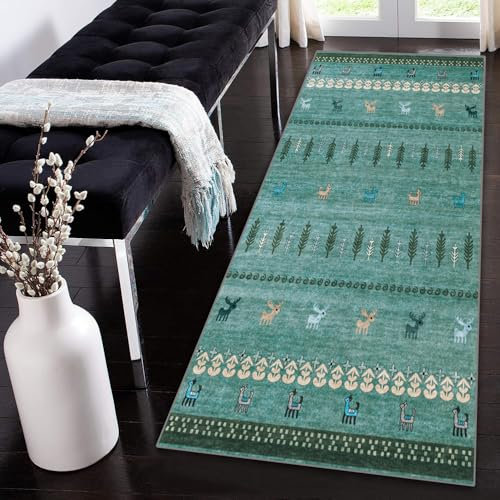 Siunwdiy Marokko Teppich Läufer Flur rutschfest Grün Teppichläufer Lang Waschbar,110x300cm Küchenteppich,Flurläufer,Teppich Läufer für Flur,Küche,Korridor,Schlafzimmer,Wohnzimmer,Dekoteppich