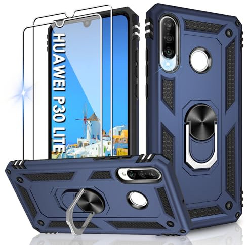 Jshru Hülle für Huawei P30 Lite Handyhülle Militärische Stoßsichere Schutzhülle mit 2 Stück Schutzfolie, mit 360° Metall Ring Ständer doppellagig Case für Huawei P30 Lite,Blue