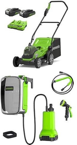 Greenworks G24X2LM36K2X Cordless Lawnmower, 36cm Cutting Width,2x24V 2Ah Batteries & Twin Charger + Greenworks G24SWP Cordless Submersible Water Pump,WITHOUT Battery & Charger, 3 Year Guarantee