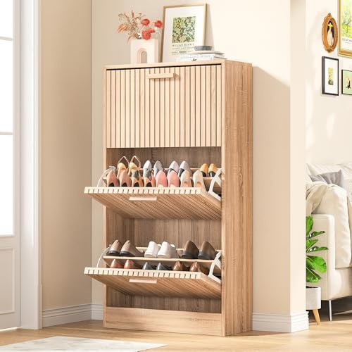 BLSYHDH Schuhschrank, Möbel für Eingangsbereich, Holz, mit 3 Klappen, Material aus Rattan, geeignet für Schlafzimmer, Wohnzimmer