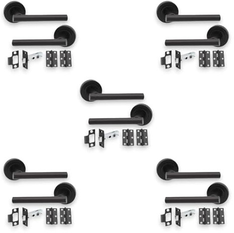 Infinity Decor Pack of 5 Pair Matt Black T-Bar Lever on Rose Door Handles with Tubular Latch and Hinges Set Internal Pull Handles for Interior and Exterior Doors