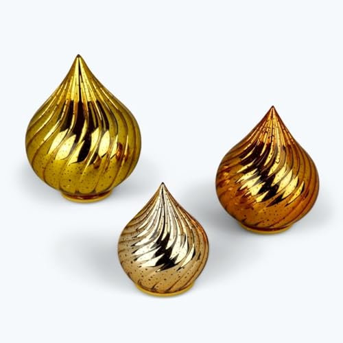 3er Set Glastropfen mit LED-Lichterkette, Funkeleffekt, 6-Stunden Timer und PUNKTEN - Stimmungslicht (Gelbgold)