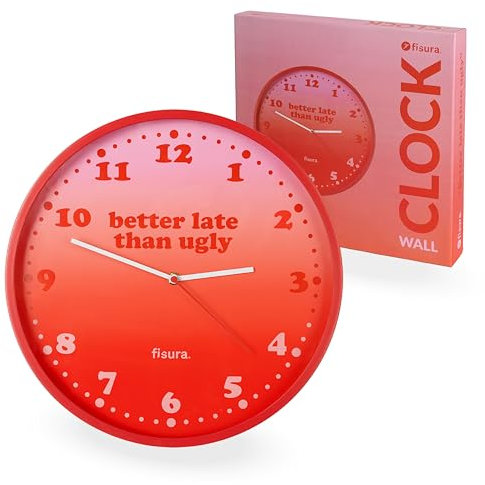 Fisura – Originelle Wanduhr Better Late Than Ugly Leise 35 cm Wanduhr in Rosa und Rot für Küche, Büro, Schlafzimmer. Modernes Design. 1x AA-Batterie (Nicht enthalten).