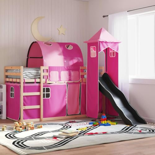 UJCHVHN Bunk Bed without Mattress with Slide and Curtains Pink 90x200 cmBeds & Accessories Beds & Bed Frames