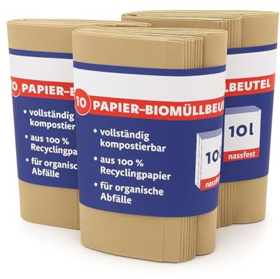 ARLI 30x Bio Müllbeutel 10L Papiermüllbeutel 20x16x34 cm aus 70 g/m² Recyclingpapier kompostierbar & plastikfrei braun & nassfest für Bioabfall (30 Beutel)