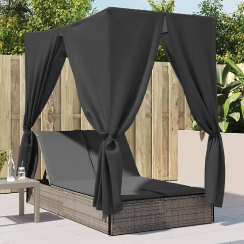 IKAYAA Letto da Giardino Lettino Prendisole Matrimoniale a 2 Posti con Tetto e Tende in Rattan e Acciaio Grigio