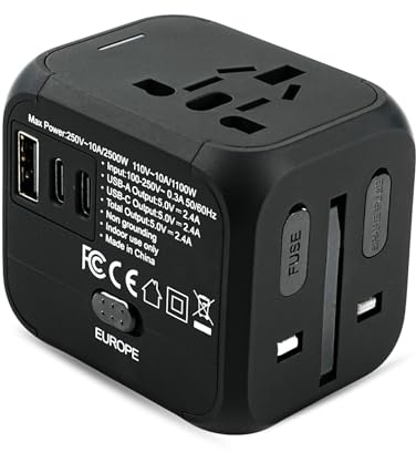 DewinLVD Adaptador de Viaje para Todo el Mundo, Adaptador Universal de Viaje con 2 Puertos USB-C y 1 Puerto USB-A Adaptador de Viaje para Alemania Reino Unido EE UU Japón Australia e Italia Negro