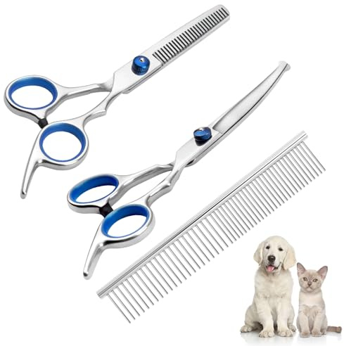 3er-Pack Hunde Scheren,Hundeschere Gebogen Katzen,Effilierschere Hund,Hunde Scheren Scherenset,Hundehaare Schneiden,Inkl Gebogene Gerade Schere Fellpflegekamm,Sicherheit Runde Spitze Grooming Schere