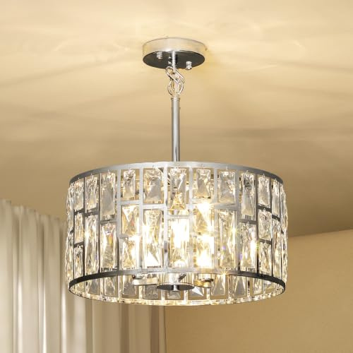 HOMCOM Crystal Chandelier Adjustable Height 3-Light E14 Base Silver Tone | Modern Flush Mount Ceiling Light, Hanging Chandelier, for Living Room, Bedroom, Dining Room, Bulb Not Included