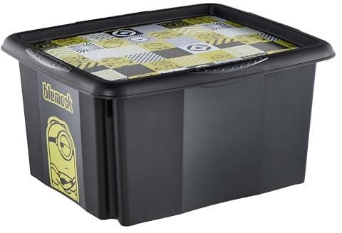 keeeper karolina Aufbewahrungsbox mit Deckel, 24 l, Minions Mosaic, Schwarz | Platzsparend aufeinander stapelbar, Griffmulden an den Seiten, Optimaler Staubschutz, Sichere Konstruktion