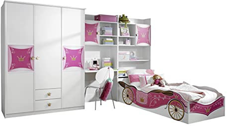 Rauch Möbel Kate Kinderzimmer Mädchenzimmer, Weiß / Motiv Prinzessin, Rosa, Gold, Set bestehend aus Kleiderschrank, Bett, Schreibtisch- und Bettschrank, Gesamtmaße BxHxT 326x199x238 cm