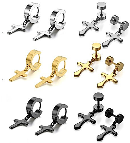 Aroncent Kreuz Ohrringe Ohrstecker Set: 6 Paare Unisex Herren Frauen Ohrringe Ohrstecker Ohrschmuck set Gold Schwarz Silber