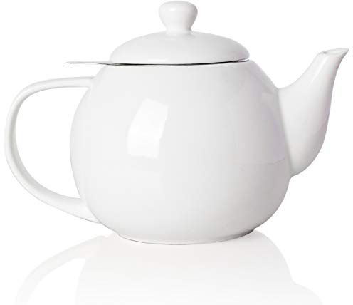 Sweejar Porcelain Teapot with Removable Stainless Steel Infuser,Microwave & Dishwasher Safe Tea Pots for Loose Tea,Tea Infuser Pots for Chrismas Women Gift (30oz White)
