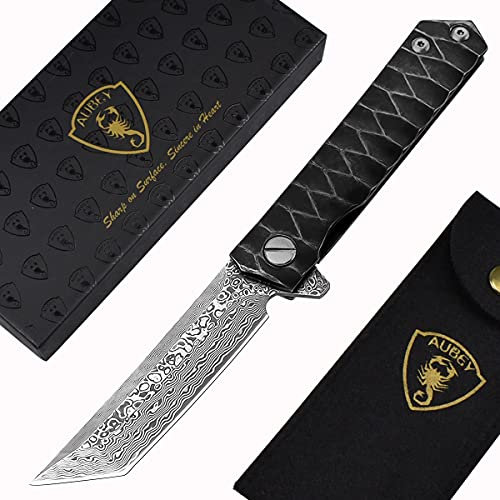 AUBEY Damast Taschenmesser mit Scharf Damastklinge, Tanto Klappmesser für Outdoor Camping Angeln, EDC Survival Eindhandmesser