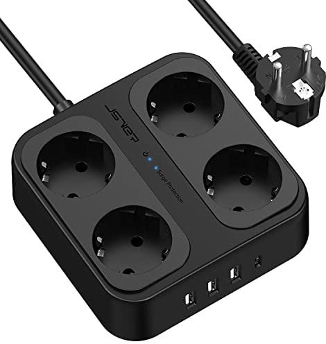 Steckdosenleiste,JSVER Mehrfachsteckdose mit 4 Fach,3 USB A und 1 USB C Verteilersteckdose mit Schalter, Wandmontage Überspannungsschutz Verlängerungskabel für Zuhause Büro, 1,8M-Schwarz