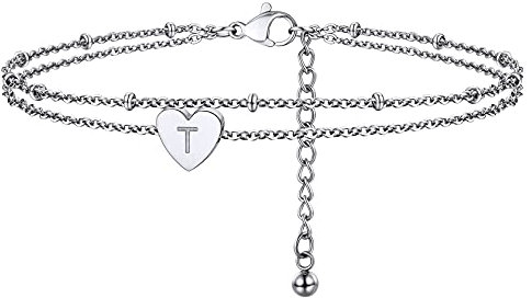 ChainsHouse Damen Mädchen Herz doppelte Fußkette Armkette mit Buchstabe T verstellbares Fußkettchen Freundschafts Partnerarmband Schönes Fußbändchen für Valentinstag Geburtstag