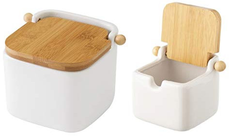 Saliera e zuccheriera da cucina bianca in ceramica con coperchio in legno. - Bianco