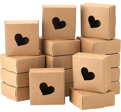 BENECREAT 20 Packungen 8.5x8.5x3.5 cm Kraftpapierboxen mit Herzloch, Geschenkbox Aus Papier für Hochzeit, Geburtstag, Basteln, Abschlussfeier