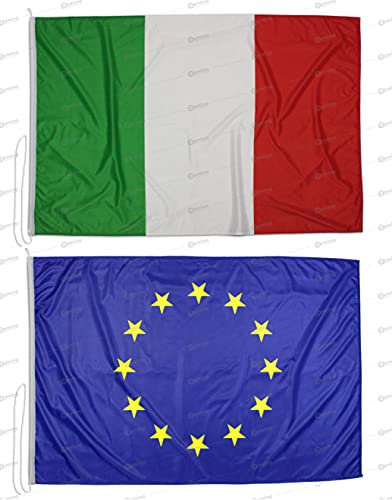 Kit 2 bandiere 100x70 cm (ITA/EU) in tessuto nautico da 115g/m², bandiere Italia e Europa 100x70 cm con cordino, doppia cucitura perimetrale e fettuccia di rinforzo