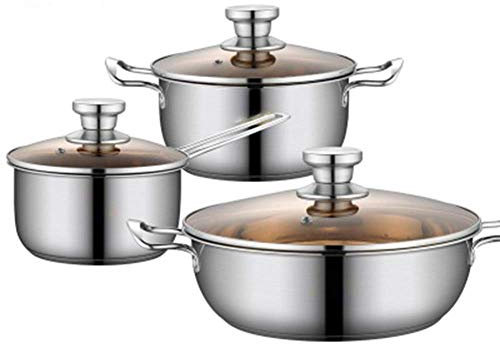 WIQUYBML Juego de ollas de 3 Piezas, Acero Inoxidable Pulido, Utensilios de Cocina, Olla con Tapa de Vidrio, Cocina de inducción, Cocina de inducción, sin Recubrimiento, Olla para Sopa, Wok, sartén,