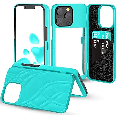 W7ETBEN iPhone 14 Pro Wallet Case, iPhone 14 Pro Case with Kickstand Built-in Mirror Shockproof Card Holder Cover for Apple iPhone 14 Pro 6.1 Inch (Teal)
