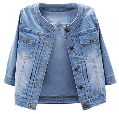 SaoBiiu Women Denim Jacket Short Summer Thin Half Sleeve Small Shawl Jacket With Cardigan Over The Vest Blue M