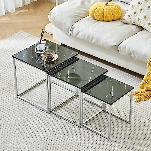 3er Set Verschachtelte Beistelltische Marmoroptik Nesting Couchtische Beistelltisch mit Metallgestell für Wohnzimmer Empfang Nachttische Stapelbar Beistelltische Lampentische (Schwarz Marmor)