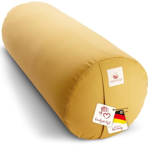 Navango® Yoga Bolster - Honig I Yoga Rolle handgefertigt in Deutschland I 24cm Durchmesser - 64cm Länge I Praktischer Tragegriff I 100% Dinkelspelz Füllung I Waschbarer Bezug 100% Baumwolle