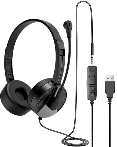 FIKDCMJ USB Headset with Microphone for PC, 3.5mm Jack 2 in 1 Wired Stereo Computer Headphone, Lightweight Headset with Volume Control, Low Latency for Laptop, Skype, Zoom