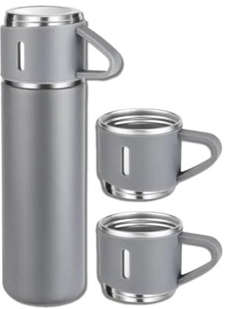 Gray Vacuum Flask Set - Insulated Water Bottle w/ 3 Cups Gift Set - Thermos Water Bottle for Hot and Cold Drinks - Reusable Stainless Steel Water Bottles for Indoor and Outdoor Activities (17 Fl Oz)