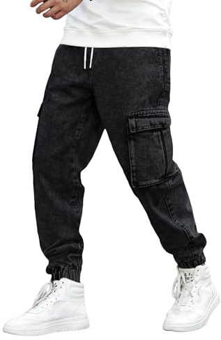 OYOANGLE Men's Drawstring Waist Flap Pocket Jogger Cargo Pants Carrot Denim Jeans with Pocket Black Medium
