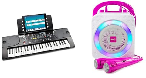RockJam 49 Key Keyboard Piano with Power Supply, Sheet Music Stand & 10-Watt Rechargeable Bluetooth Karaoke Machine with Two Microphones
