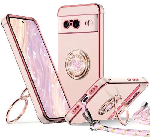 XYZ Coque pour Google Pixel 8, avec Double Anneau de Support Cœur, avec Lanière pour Filles et Femmes, Coque de Protection Luxe Mignonne et Scintillante pour Pixel 8, Rose