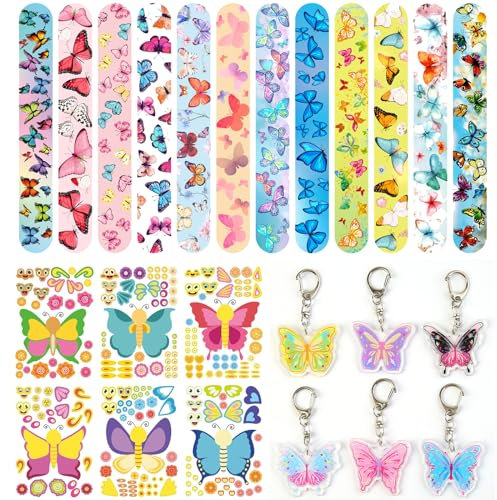 Yhjxly 36 Stück Schmetterling Party Mitgebsel, Schmetterling Klettverschluss Fee Snap Schlüsselanhänger Gesichtsaufkleber für Kinder Mädchen Schmetterling Party Deko Geburtstags Geschenke