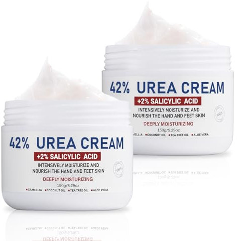 OUKEYA Urea Creme 42% mit 2% Salicylsäure, Fusscreme Feuchtigkeit & Reparatur für Trockene, Füße, Fersen, Knie, Urea Handcreme für Hände, Hornhautentferner, Entfernt Hühneraugen, Tote Haut, 2 x 150 g