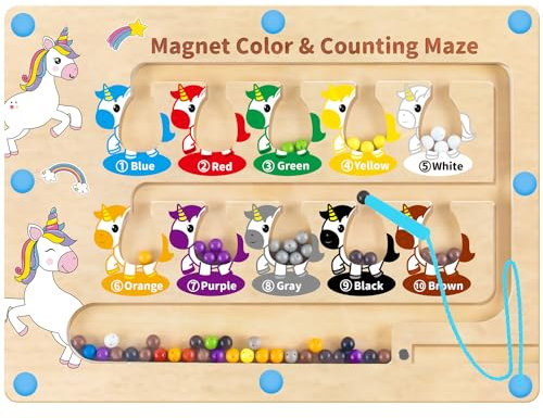 Magnetspiel Labyrinth Holzspielzeug – Einhorn Montessori Spielzeug für Kinder ab 2 3 4 5 Jahre, Motorikspielzeug mit Zahlen und Farben, Lernspielzeug Geschenk für Mädchen und Jungen