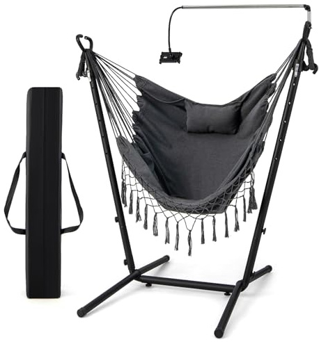 KOMFOTTEU Hängesessel mit Stahlgestell höhenverstellbar, Hängesitz Hängestuhl mit Handyhalte, Hängende Schaukel mit Kissen & Seitentasche, Hängesemattegestell für Indoor & Outdoor, Grau