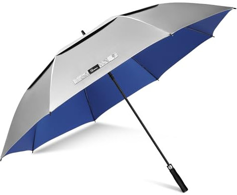 NINEMAX UV Schutz Golf Regenschirm Groß,Automatische öFfnen Golfschirm L,Golfschirm Mit Doppellagiger Schirmstoff(Silber/Blau)