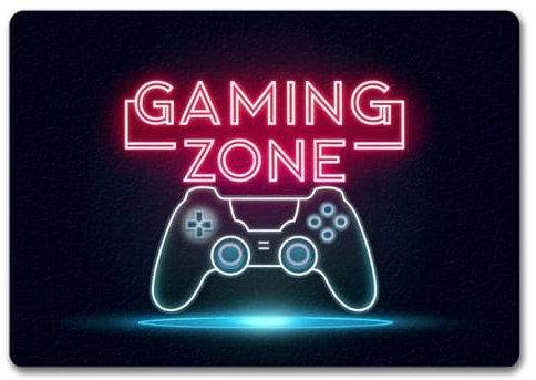 speecheese Gaming Zone Controller Fußmatte in 35x50 cm ohne Rand in Neonschrift Schriftzug Controller Blauton Dunkler Hintergrund Modernes Design