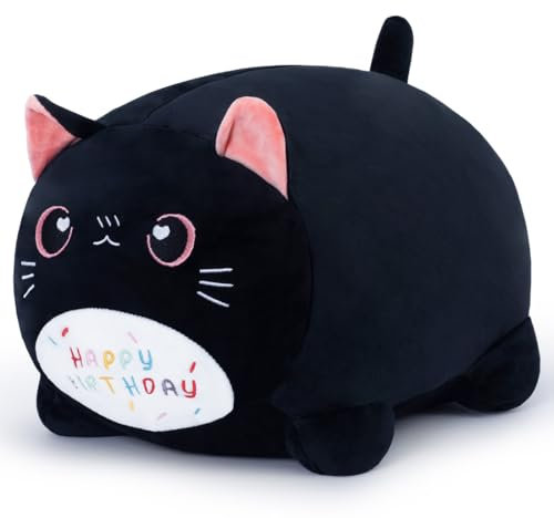 Yeqivo Geburtstagskatzen-Plüschkissen, Stofftierspielzeug, Schwarze Geburtstagskatze, Plüschtiere, weiches Katzen-Plüschkissen für Kinder (Schwarze Katze, 40 cm)