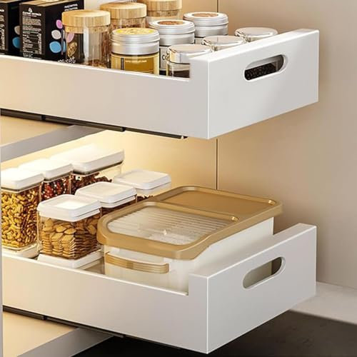 Generisch 2PCS - Pull Out Cabinet Organizer, Teleskopschublade, Roll-Out Sliding Drawer Organizers, Drill-Free Drawers Cabinet Basket mit Griff für Küche Bad(White,35cm)