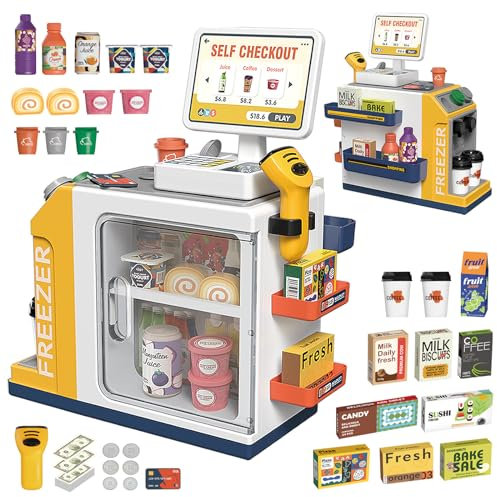 FORMIZON Caisse Enregistreuse Enfants, Jouet de Caisse Enregistreuse avec Son, Calculatrice et Lumière Scanner, Jouet Supermarché Enfant (Jaune1)