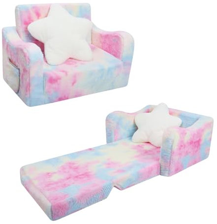 decalsweet Kindersofa Ausklappbar mit Sternenkissen,2 in 1 Schlafsofa Kindersessel für Mädchen,Plüsch Kinder Couch für Schlafzimmer Spielzimmer Kinderzimmer,Geschenk zum Geburtstag-Rosa